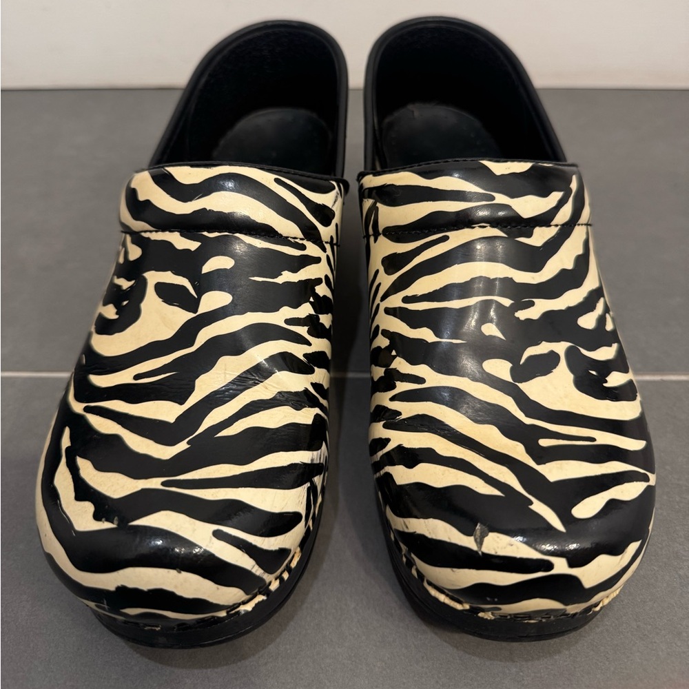 Dansko Black and Cream Zebra Print Clogs
